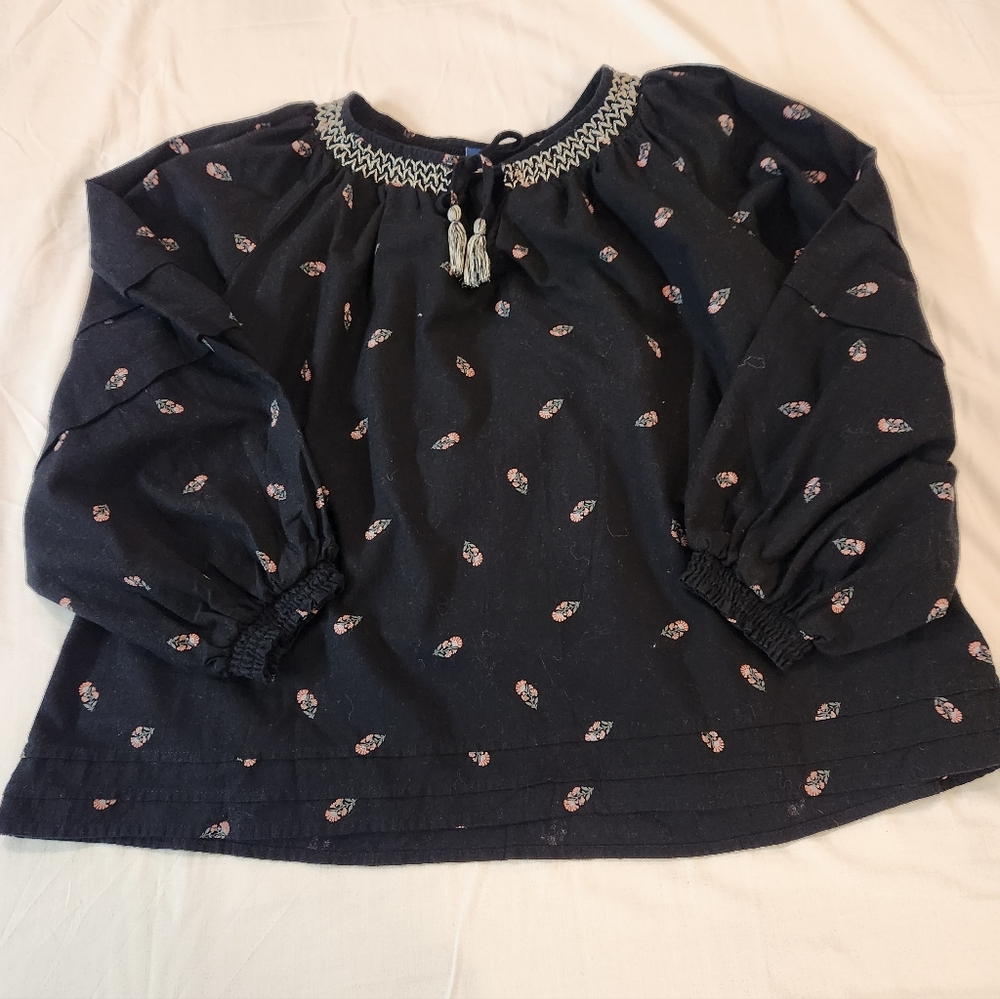 Old Navy Women Black Floral Print Peasant Tunic Top Size L Whimsygoth Boho Flowy - Picture 10 of 13